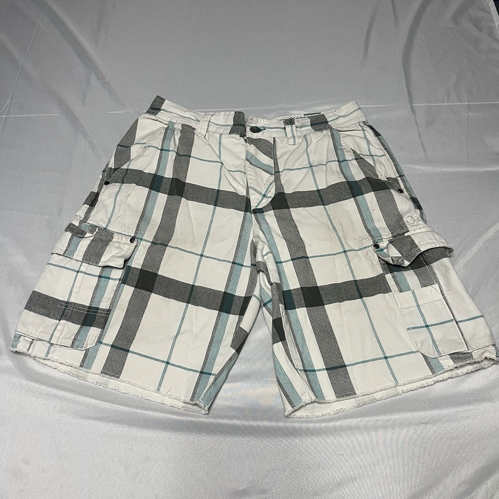 Y2K Ocean Pacific Shorts Men's 32 White Blue Plaid Baggy Cargo Surf Skate